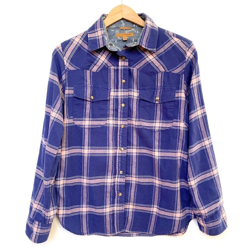Jachs Girlfriend Womens Purple Plaid Flannel Shirt Pearl Snap Buttons Tab Sleeve